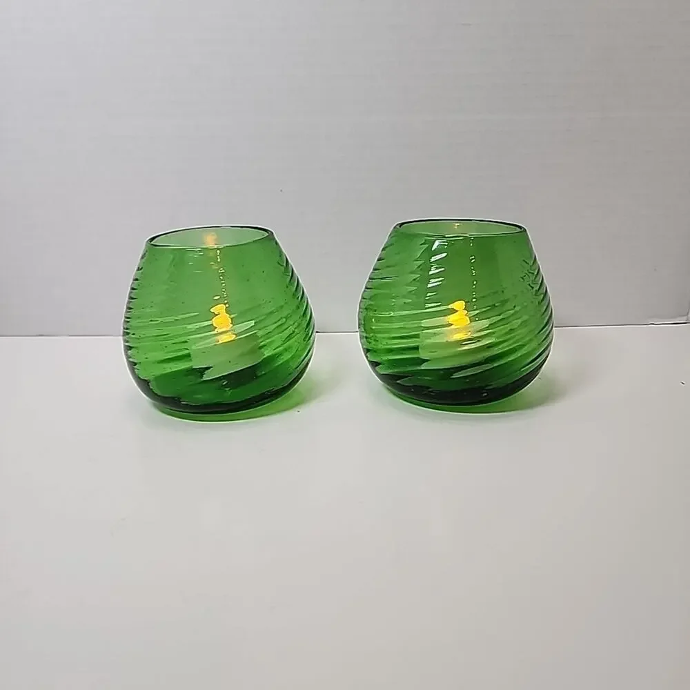 Vtg 2 Emerald Green Swirl Glass Artisan Handcrafted Blown Rolly Tea Light Holder